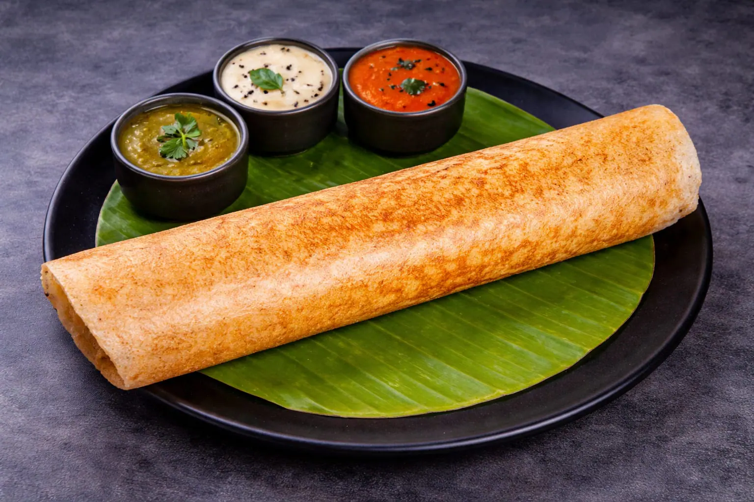 A ghee dosa rolled on a banana leaf, served with coriander, coconut and tomato chutneys